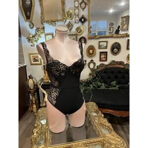 Fredricks of Hollywood Push Up Lace Bodysuit Gold Lingerie Size Small
